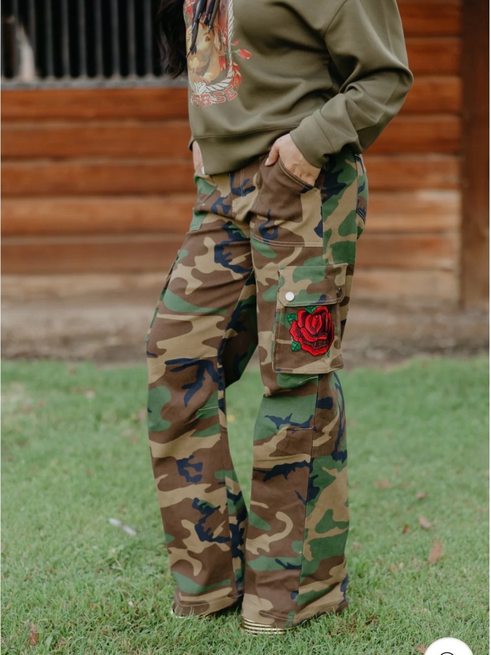Rodeo Quincy Camo Cargo Pants with Red Rose Patch